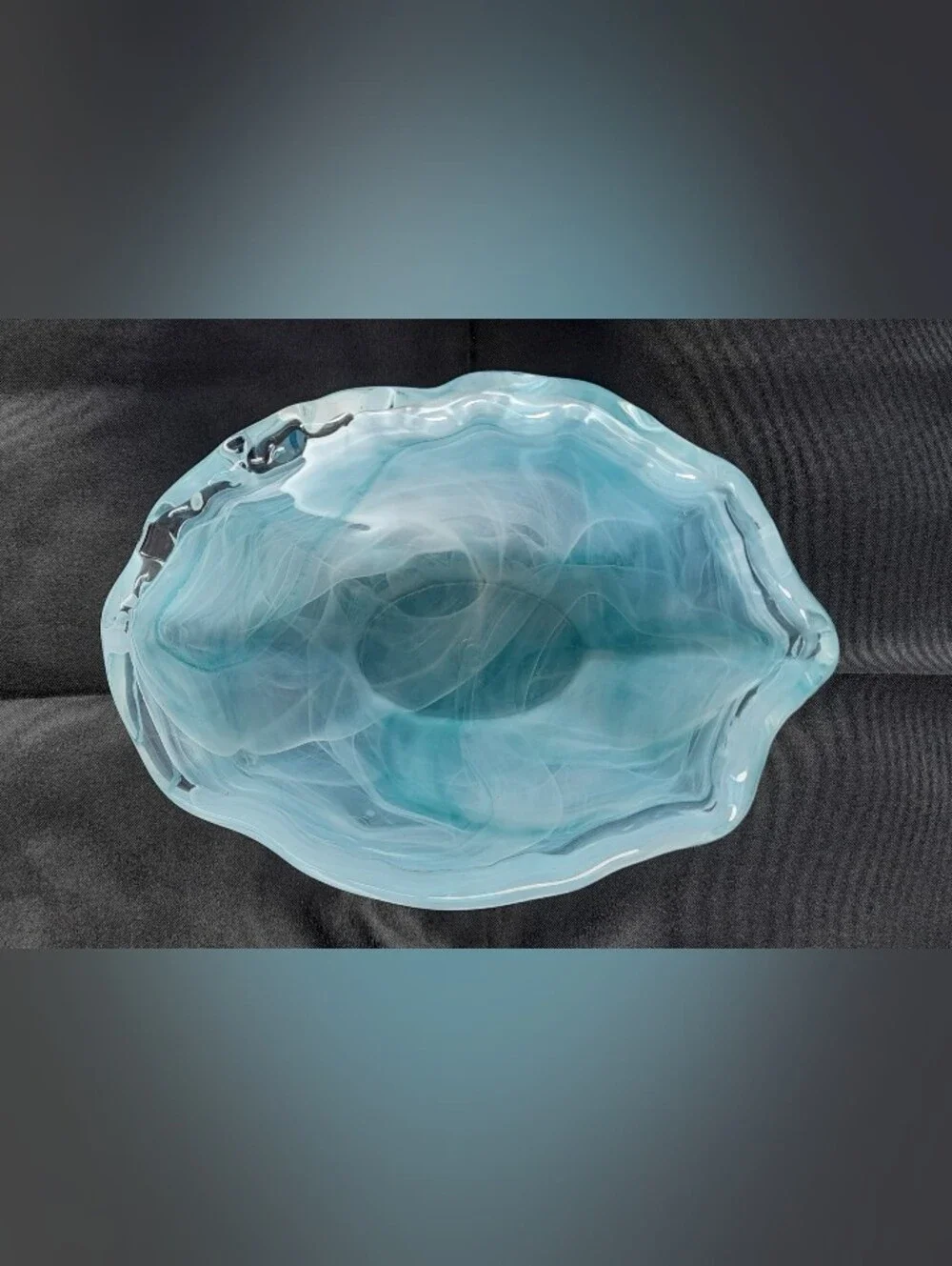 🩵 Blue & White Art Glass Vase / Decorative Bowl, Wavy Rim, Swirl Design ✨
